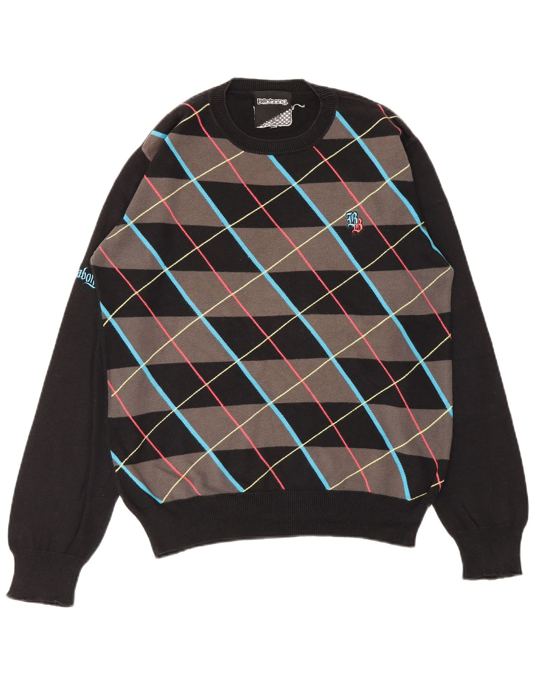 BILLABONG Herren-Pullover mit Rundhalsausschnitt, Größe S, schwarze Argyle-/Diamant-Baumwolle