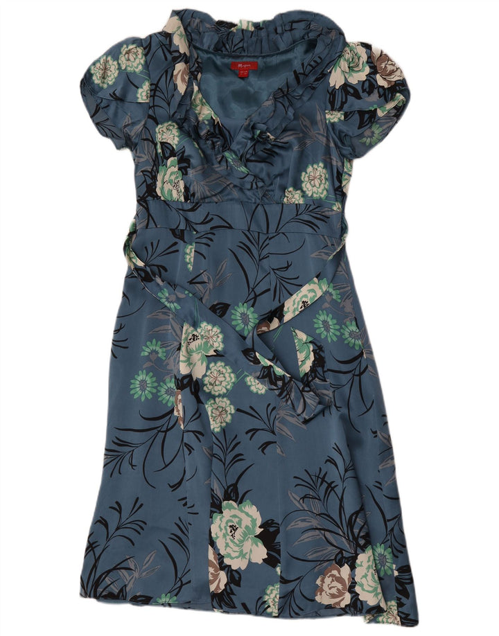 Monsoon Damen-A-Linien-Kleid mit Rüschen vorne, UK-Größe 12, mittelblaue Blumenseide
