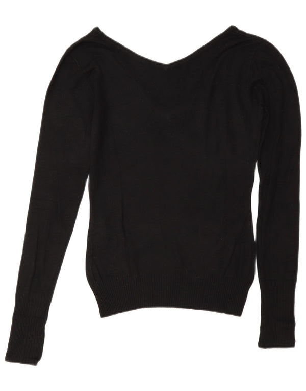 Guess Damen-Pullover mit grafischem V-Ausschnitt, Gr. 10, Größe S, schwarze Viskose