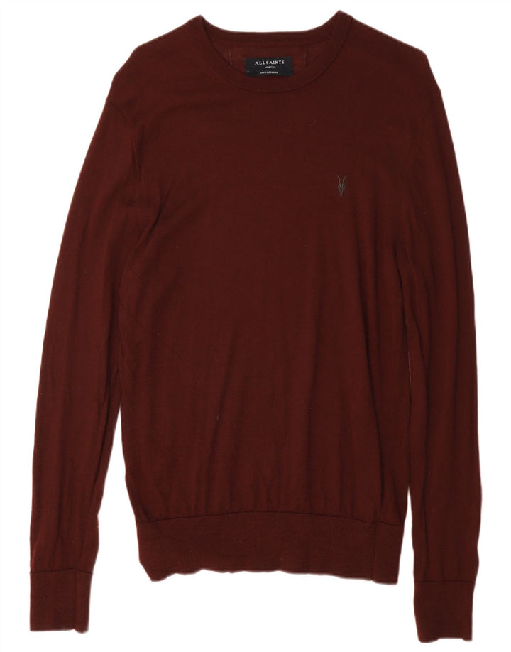 All Saints Herren-Pullover mit Rundhalsausschnitt, mittlere Burgunderrote Merinowolle