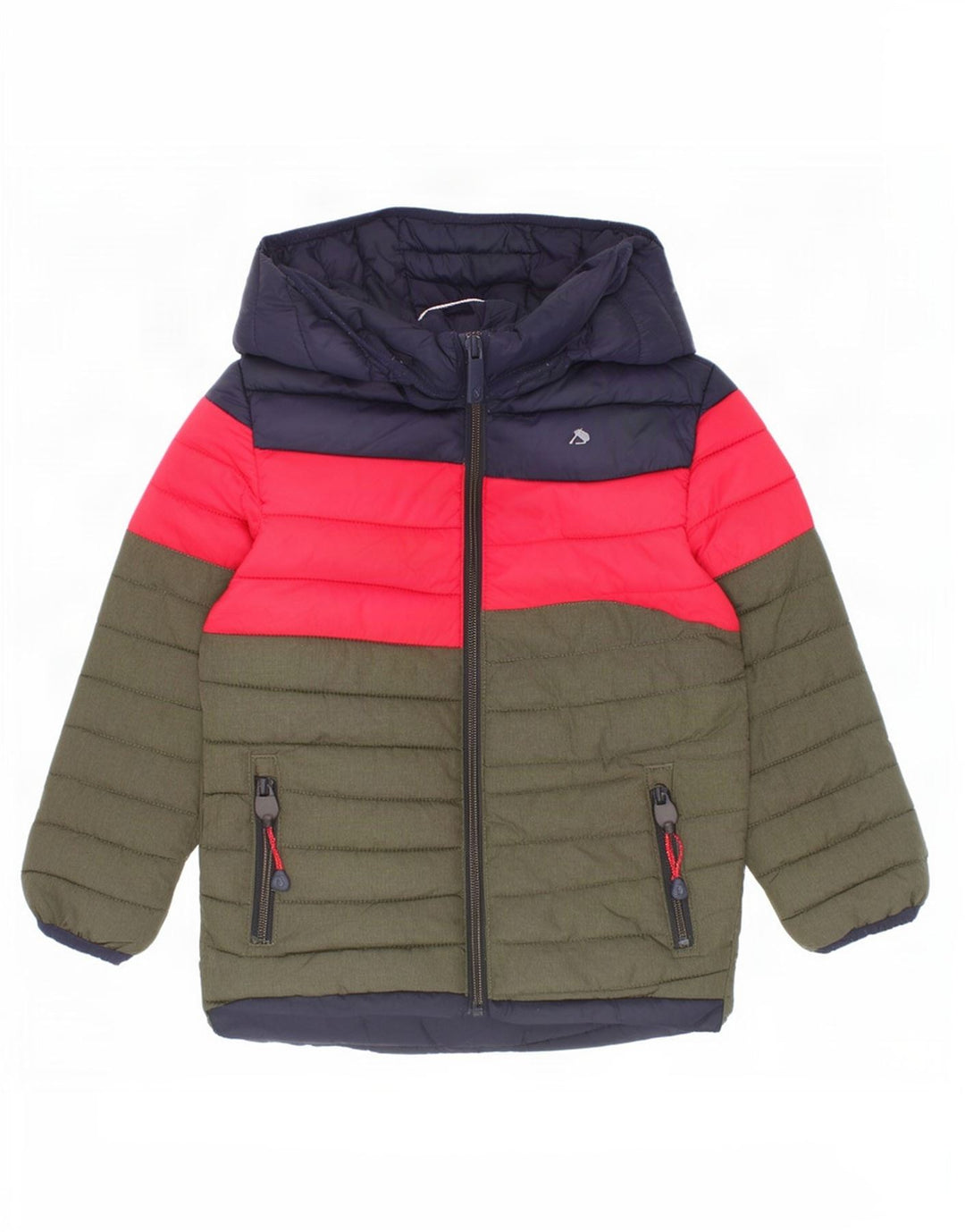 Joules wattierte Jungenjacke mit Kapuze, 3–4 Jahre, grünes Colourblock-Polyamid