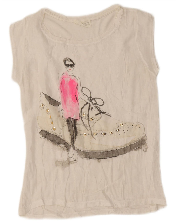 Zara Damen Grafik-T-Shirt Top UK 10 Small Weiß