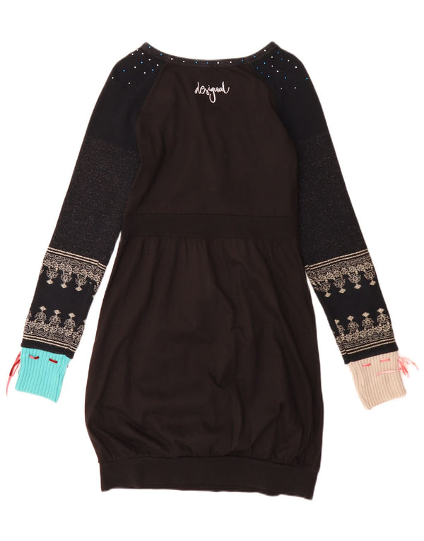 Desigual Damen Langarm-Blasenkleid UK 12 Medium Schwarz Geometrisch