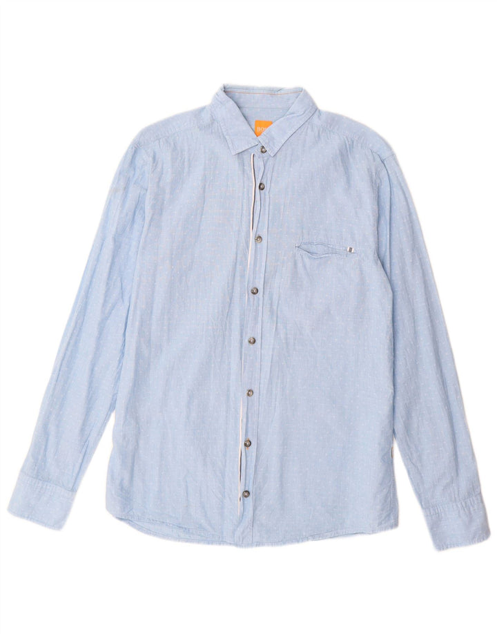 Hugo Boss Herren-Hemd mit normaler Passform, mittelblau gepunktete Baumwolle