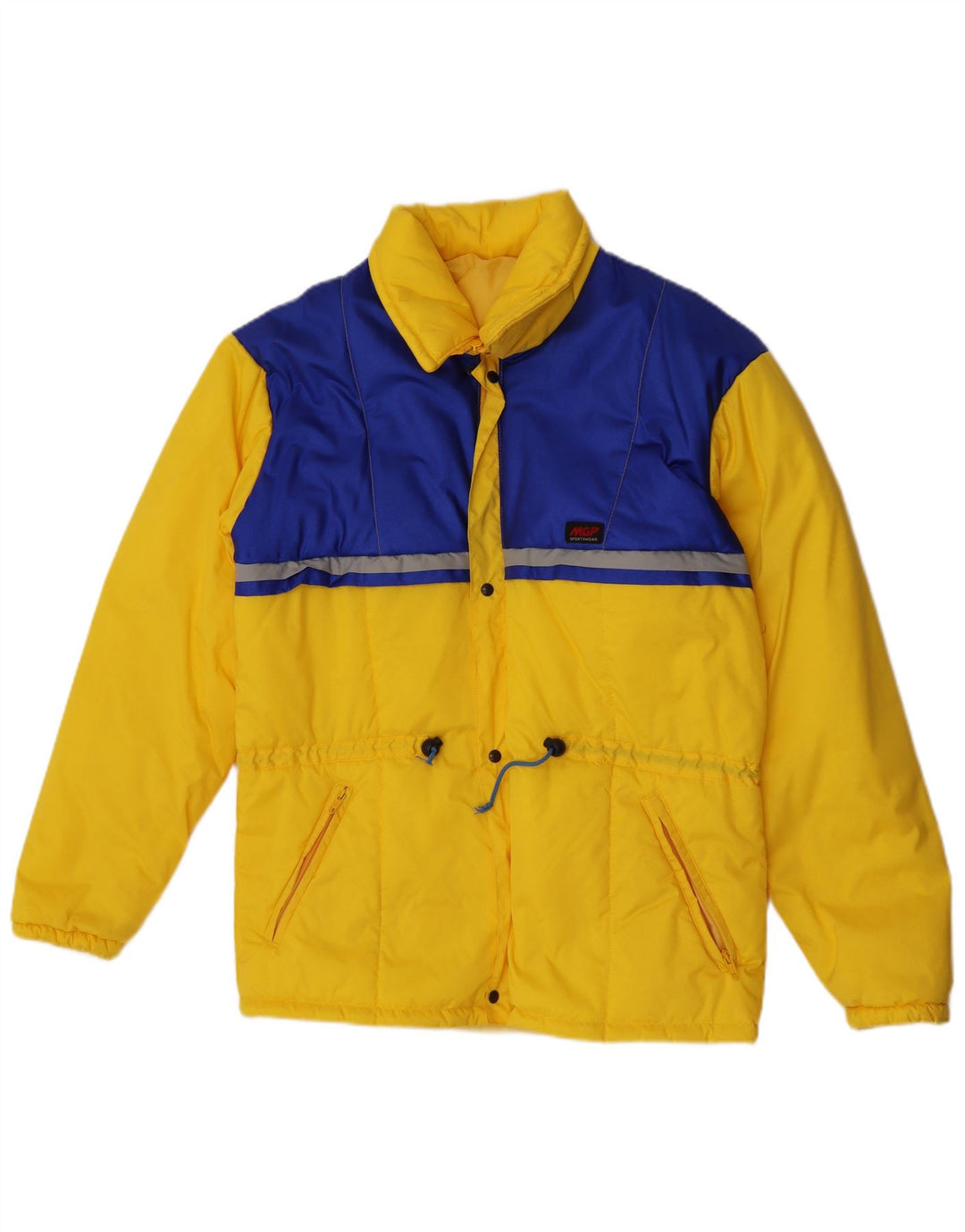 Wattierte Vintage-Herrenjacke mit Kapuze, IT 48, mittelgelbes Colourblock-Polyamid