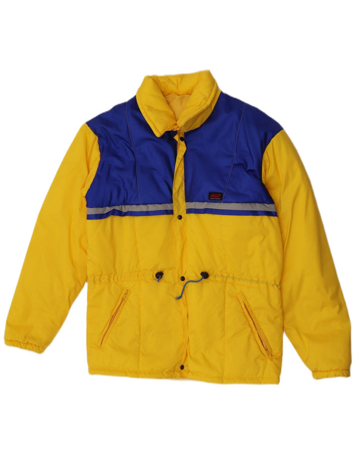 Wattierte Vintage-Herrenjacke mit Kapuze, IT 48, mittelgelbes Colourblock-Polyamid