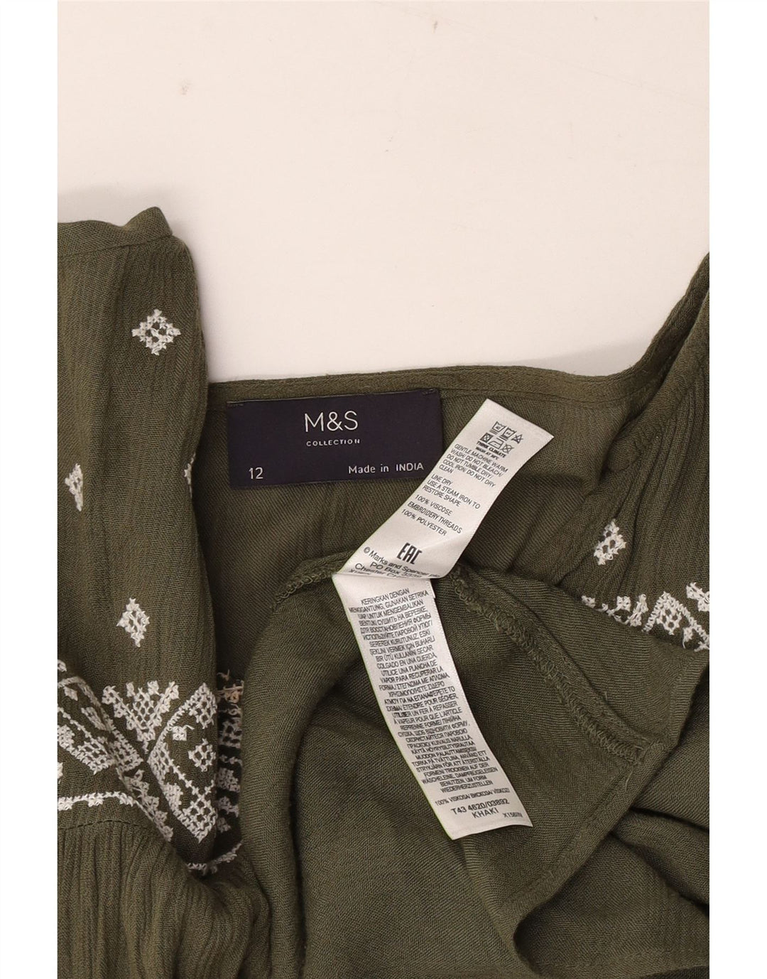 Marks & Spencer Damen Langarm-Blusenoberteil UK 12 Medium Khaki Geometrisch