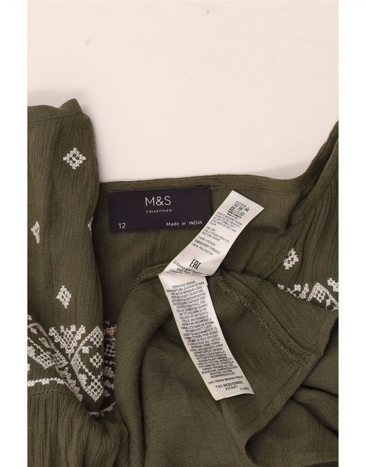 Marks & Spencer Damen Langarm-Blusenoberteil UK 12 Medium Khaki Geometrisch