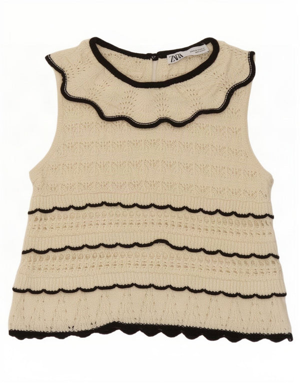 Zara Damen Crop ärmelloses Strickblusenoberteil UK 12 Medium Off White gestreift