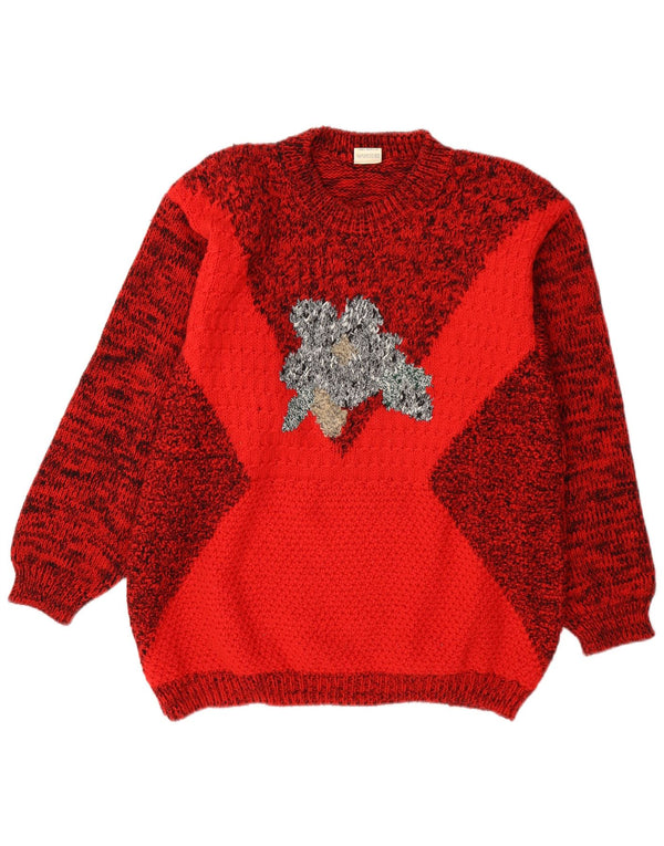 Vintage Damen Pullover mit grafischem Rundhalsausschnitt, Gr. 14, mittelrot meliert