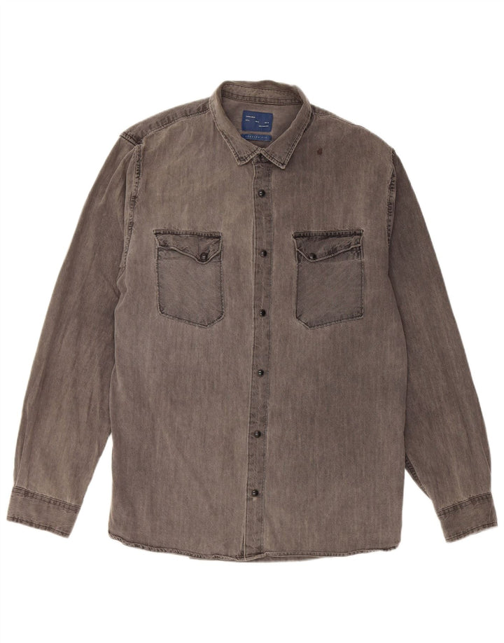 Zara Herren-Jeanshemd mit normaler Passform, XL, graue Baumwolle
