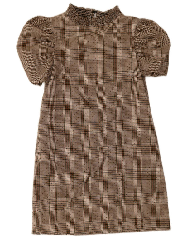 Zara Damen Basic Kleid UK 6 XS Beige Hahnentrittmuster