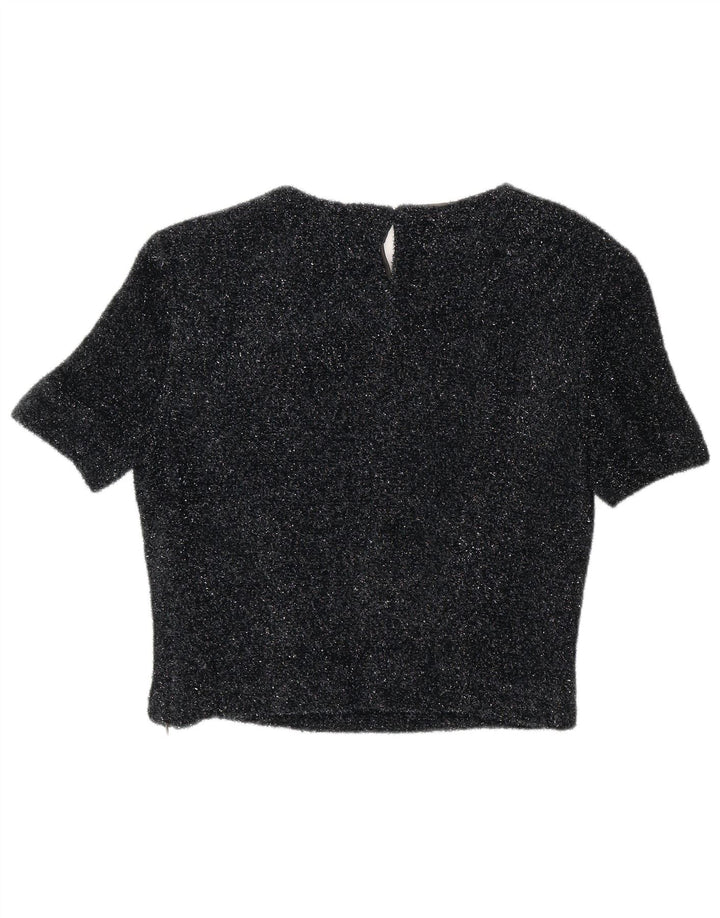 Vintage Damen Crop Bluse Top EU 42 Großes schwarz geflecktes Polyester