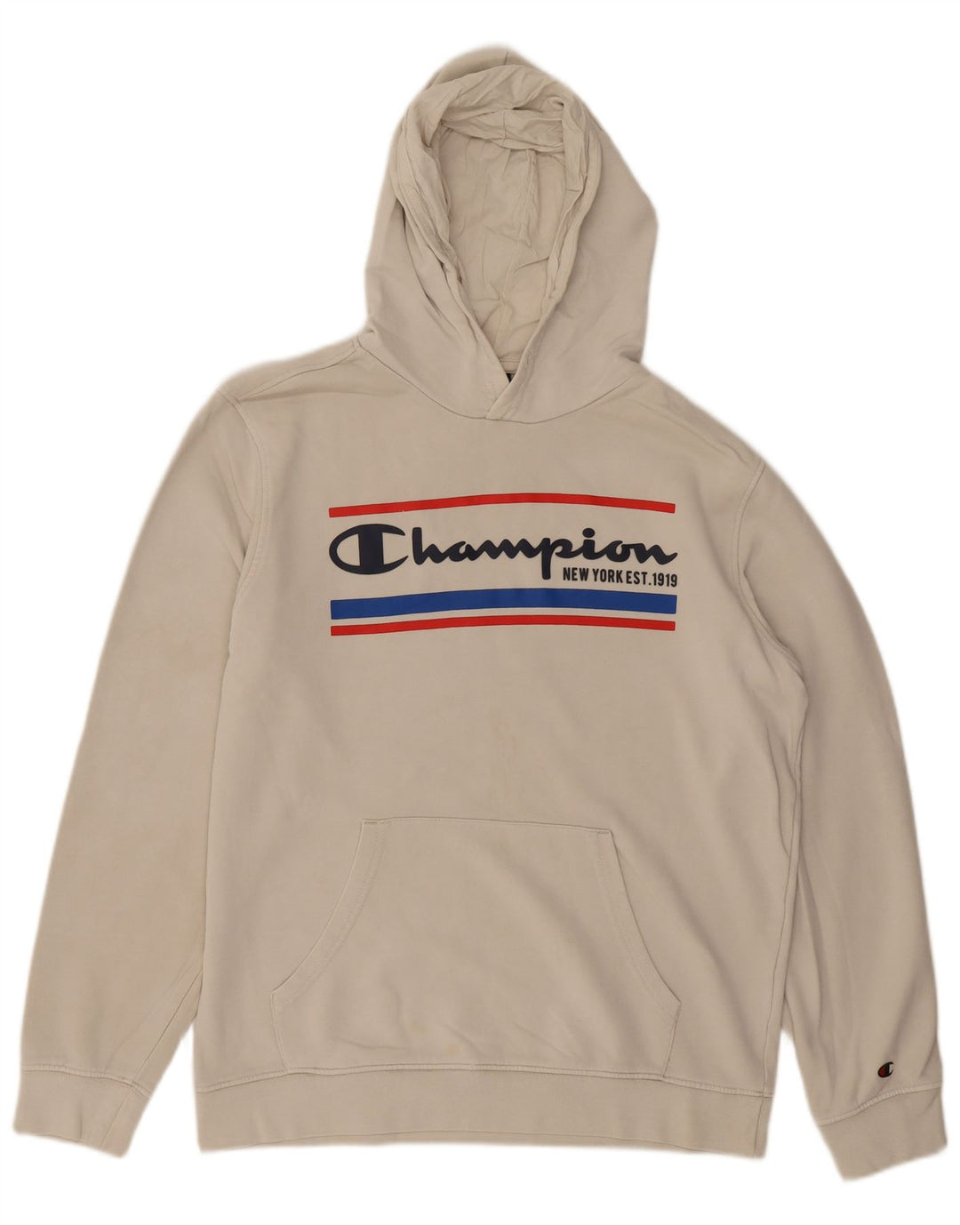 CHAMPION Mens Graphic Hoodie Jumper Large Off White