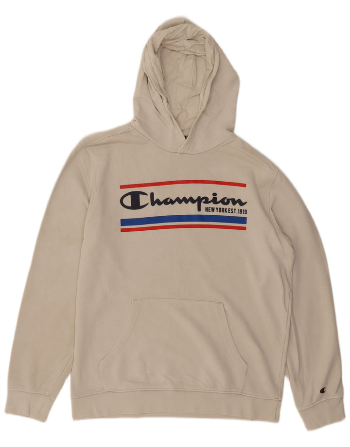 CHAMPION Mens Graphic Hoodie Jumper Large Off White