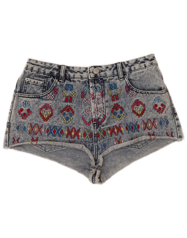 Topshop Damen Denim-Hotpants mit hoher Taille, UK 12, Mittel W30, blau, geometrisch