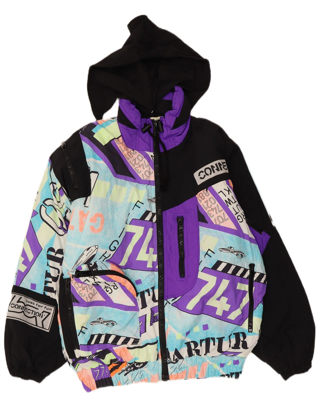 Vintage Herren-Skijacke mit grafischer Kapuze, UK 40, großes mehrfarbiges Polyamid