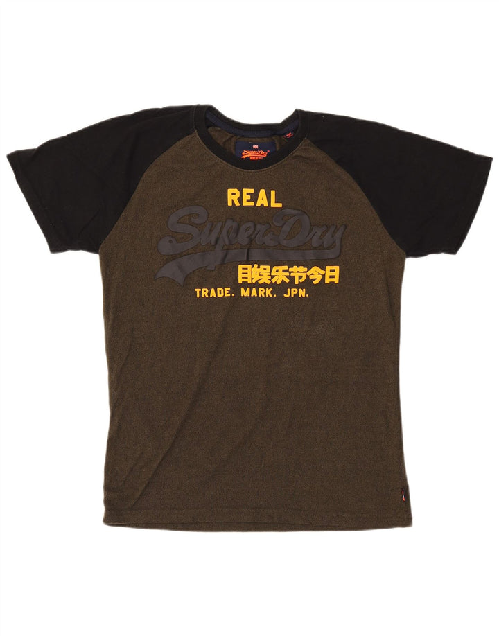 Superdry Herren Grafik-T-Shirt-Oberteil aus mittlerer Khaki-Farbblock-Baumwolle