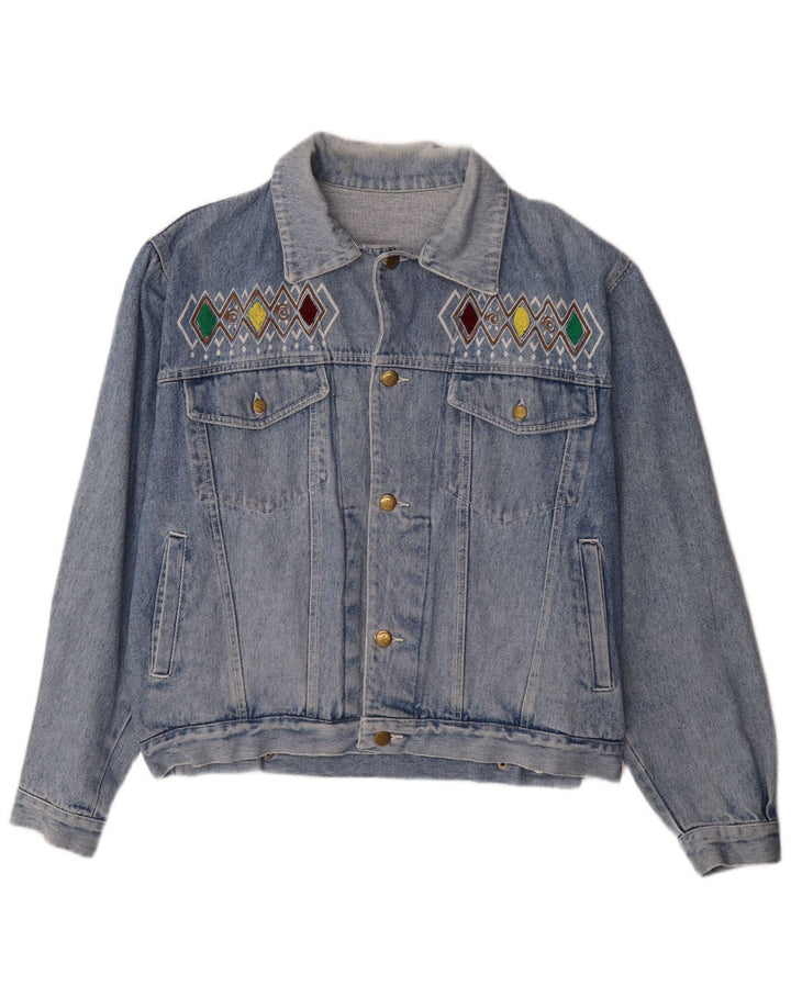 Cherokee Herren-Jeansjacke mit Grafik, UK 40, große blaue geometrische Baumwolle