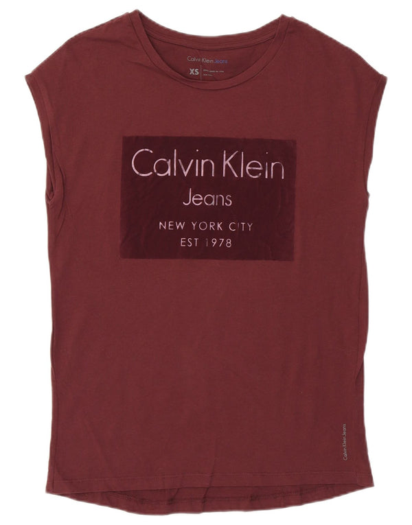 Calvin Klein Damen Grafik T-Shirt Top UK 6 XS Burgund