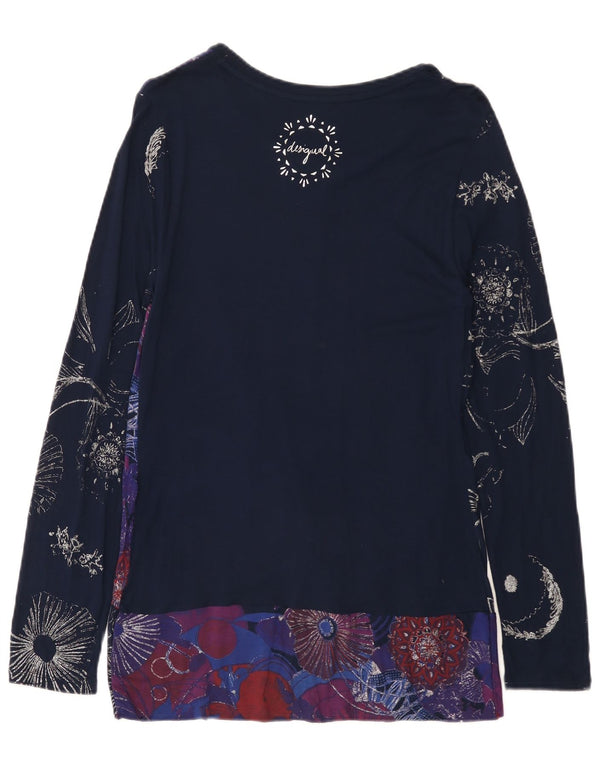 Desigual Damen Langarm-Tunika-Oberteil UK 14 Große Marineblaue Viskose mit Blumenmuster