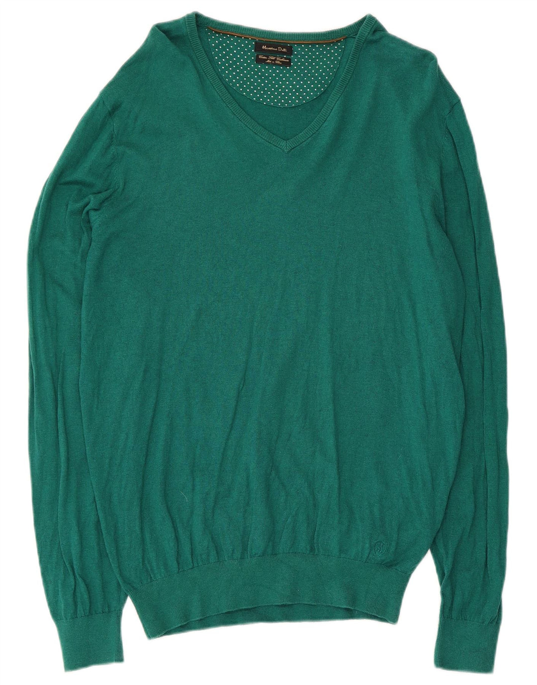 Massimo Dutti Herren-Pullover mit V-Ausschnitt, groß, grüne Baumwolle