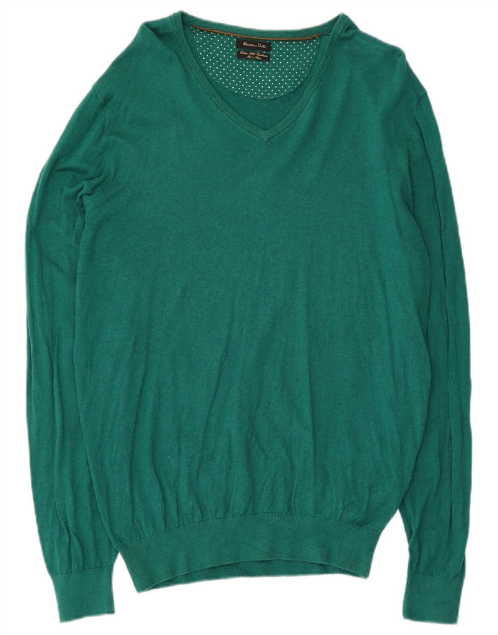 Massimo Dutti Herren-Pullover mit V-Ausschnitt, groß, grüne Baumwolle