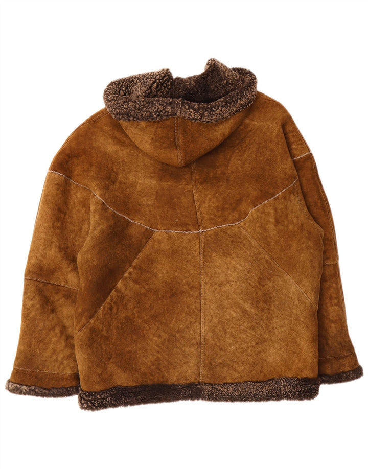 Vintage Damen-Kapuzen-Übergröße-Shearling-Jacke IT 44 Mittelbraun