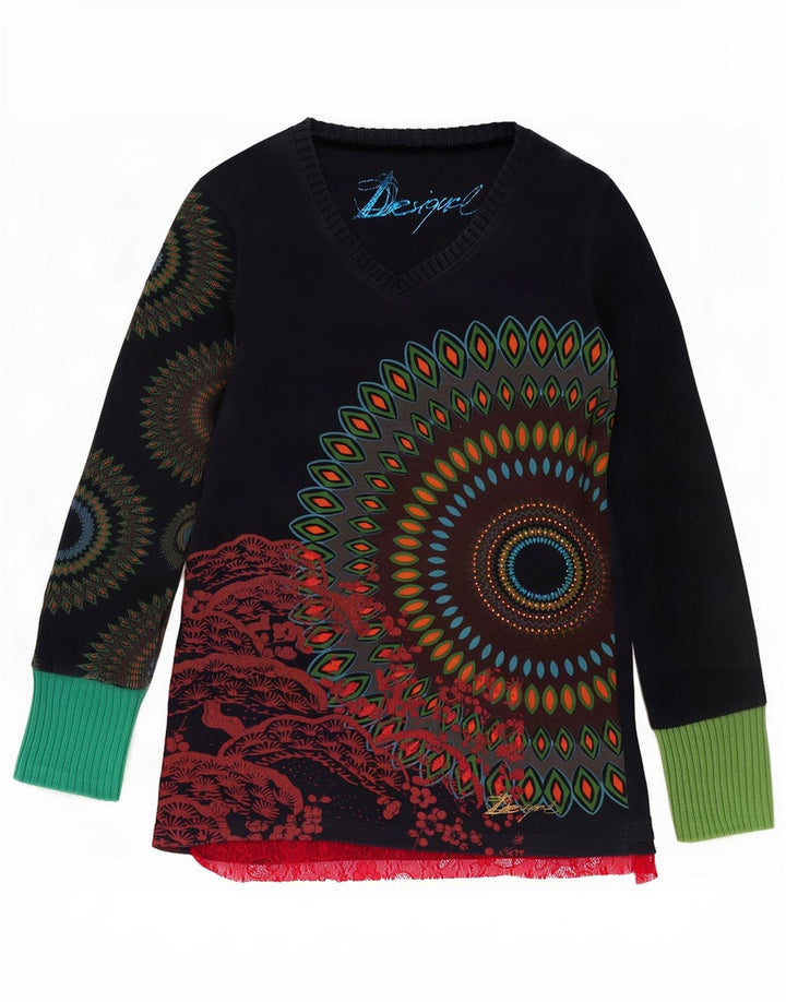 Desigual Damen-Blusenoberteil mit abstraktem Muster, UK 14, große marineblaue Baumwolle