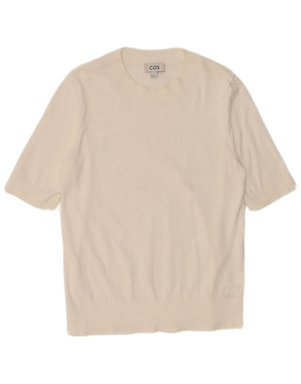 COS Damen-Pullover, kurzärmelig, U-Boot-Ausschnitt, UK-Größe 14, mittelweiße Baumwolle