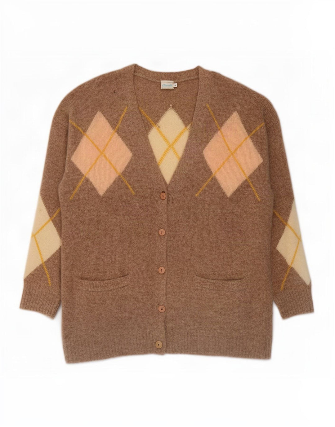 Gazelle Damen-Cardigan-Pullover UK 14 Mittelbeige Argyle/Diamant-Lammwolle