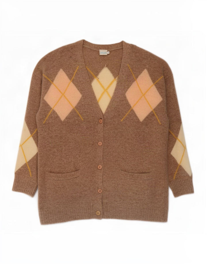 Gazelle Damen-Cardigan-Pullover UK 14 Mittelbeige Argyle/Diamant-Lammwolle