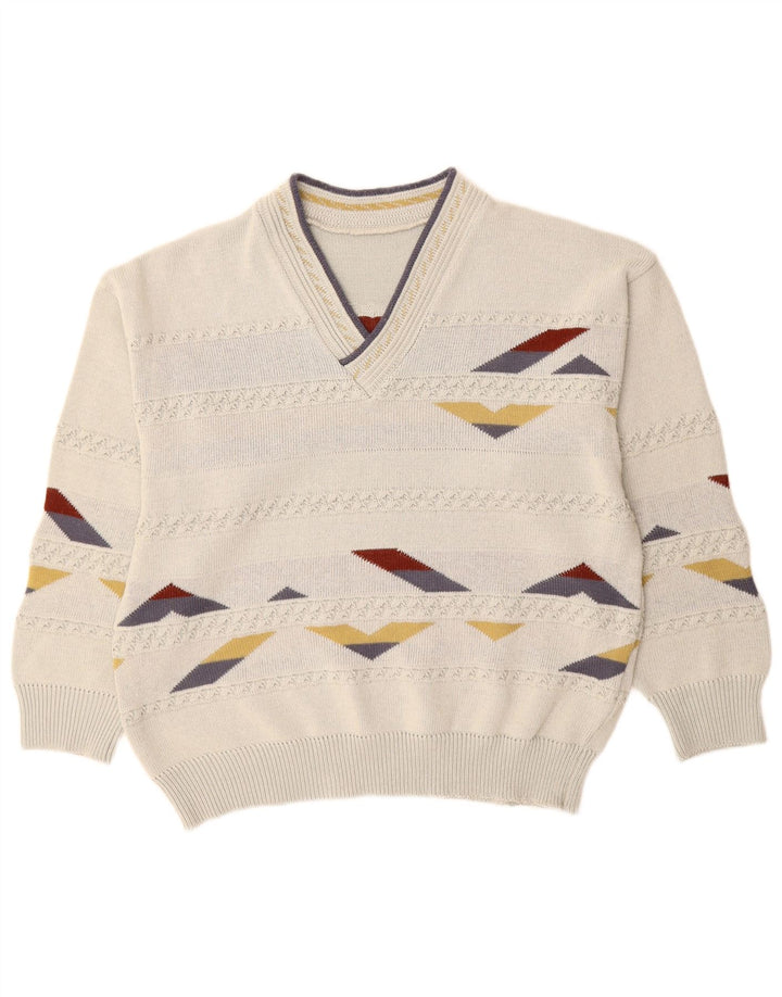 Vintage Herren Pullover mit V-Ausschnitt XL Weiß Geometrisch