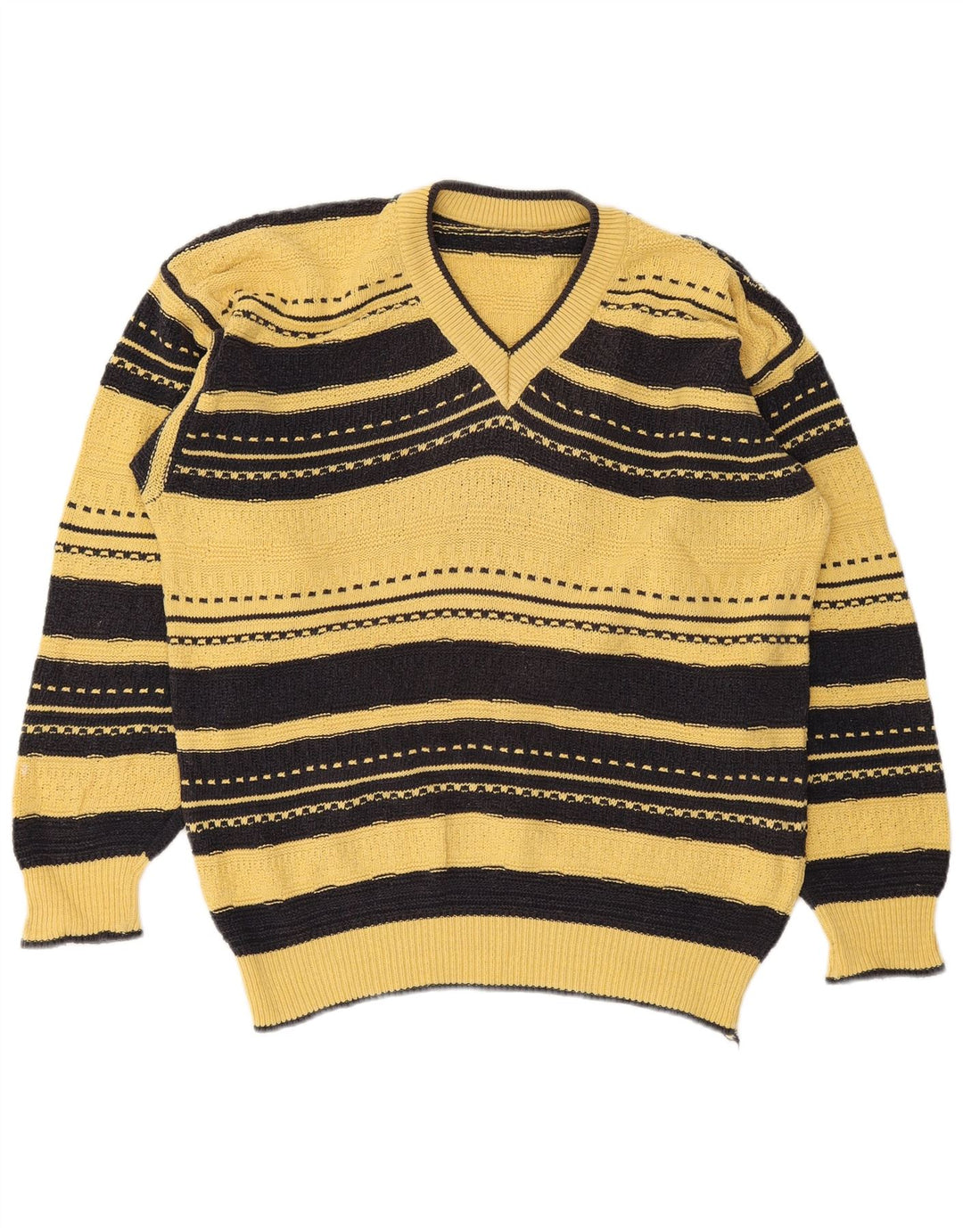 Vintage Herren Pullover mit V-Ausschnitt, groß, gelb gestreift