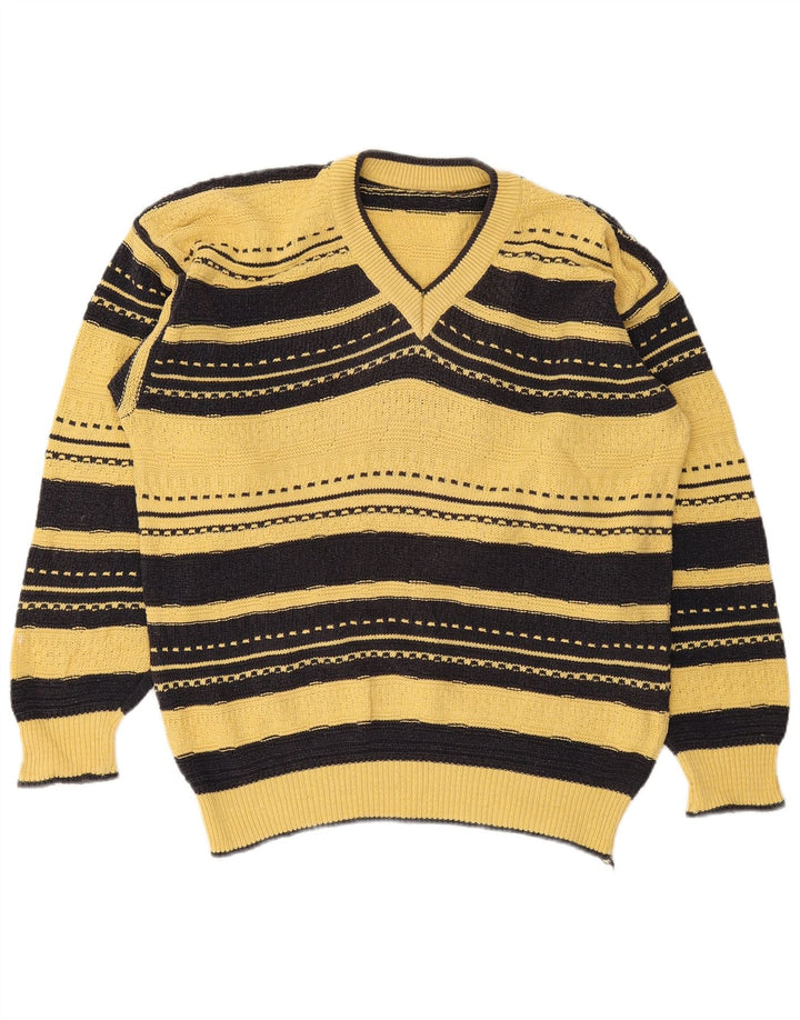 Vintage Herren Pullover mit V-Ausschnitt, groß, gelb gestreift