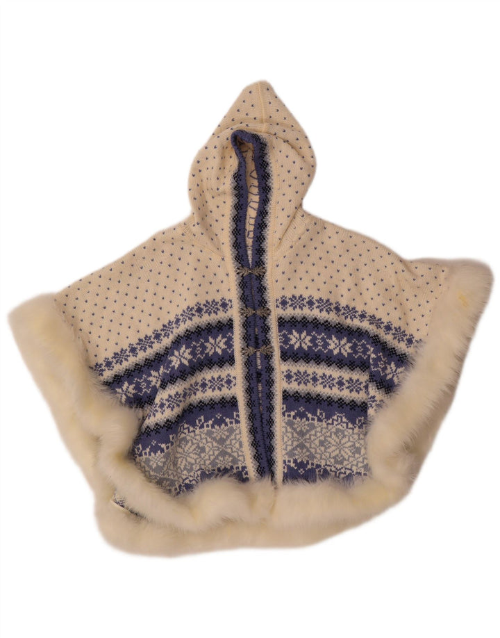 Vintage Damen Poncho Pullover UK 14 Medium White Fair Isle Wolle