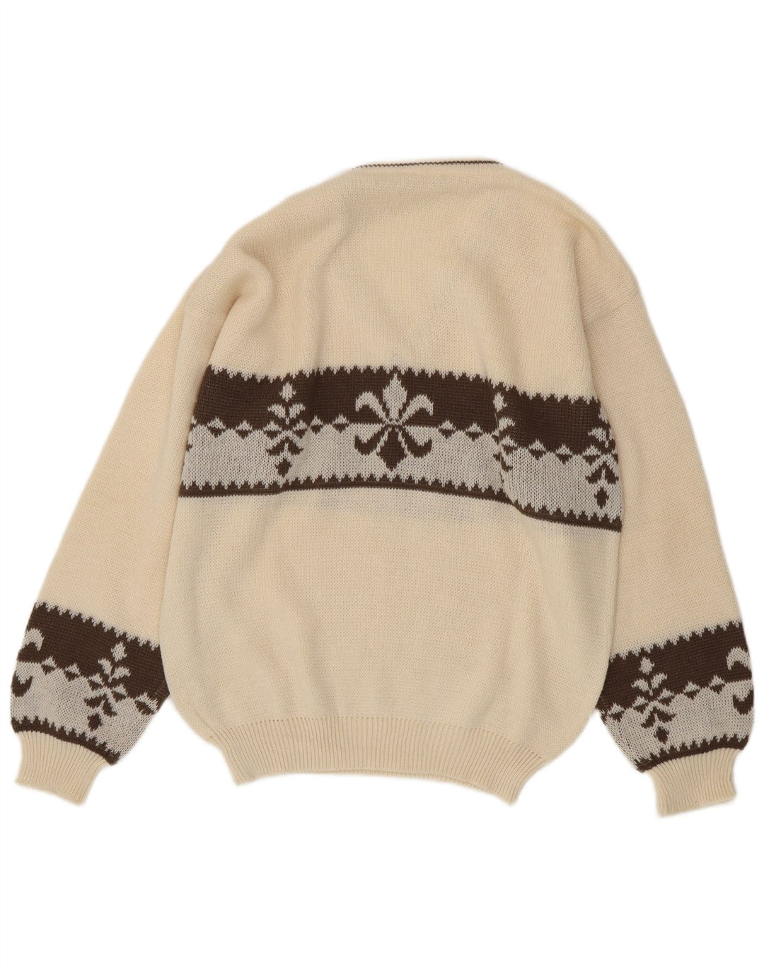 Vintage Herren Pullover mit V-Ausschnitt, groß, weiße Fair-Isle-Wolle