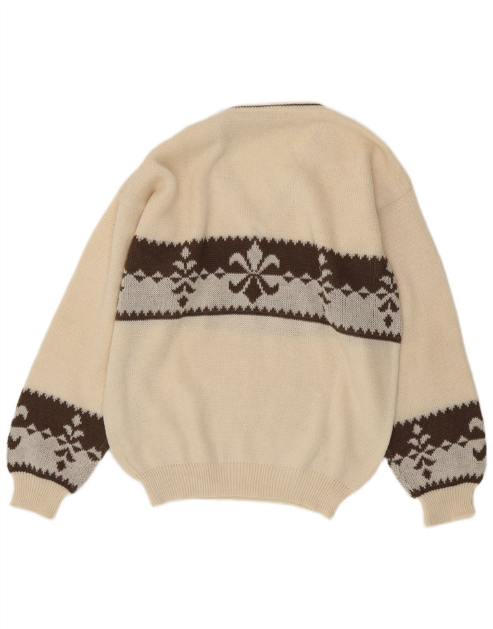 Vintage Herren Pullover mit V-Ausschnitt, groß, weiße Fair-Isle-Wolle
