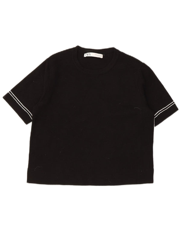 ZARA Damen Crop Short Sleeve Crew Neck Pullover Pullover UK 12 Medium Schwarz