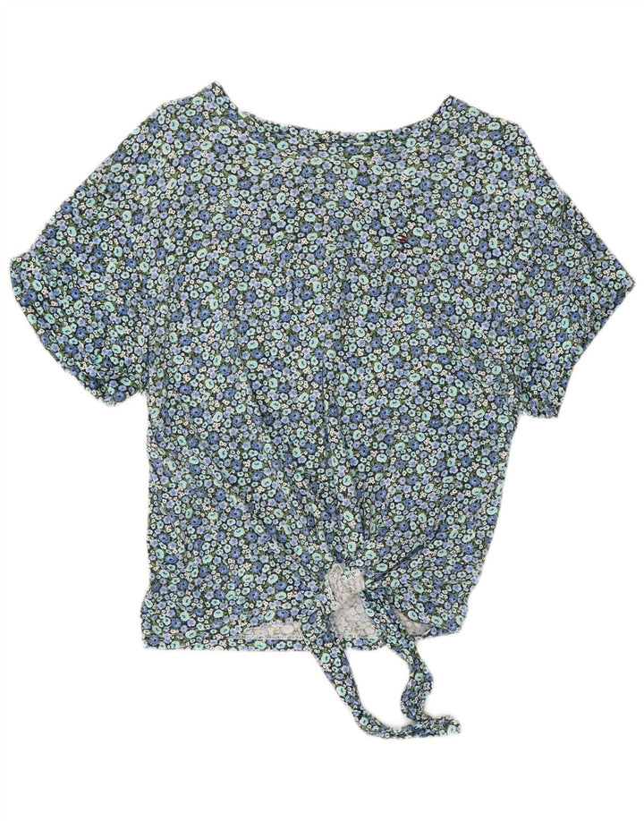 TOMMY HILFIGER Damen Crop Bluse Top UK 10 Small Blue Floral Cotton