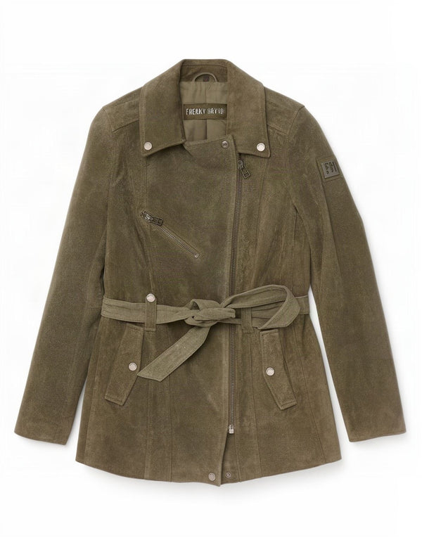Freaky Nation Damen Wildleder Bikerjacke UK 14 Large Khaki Leder