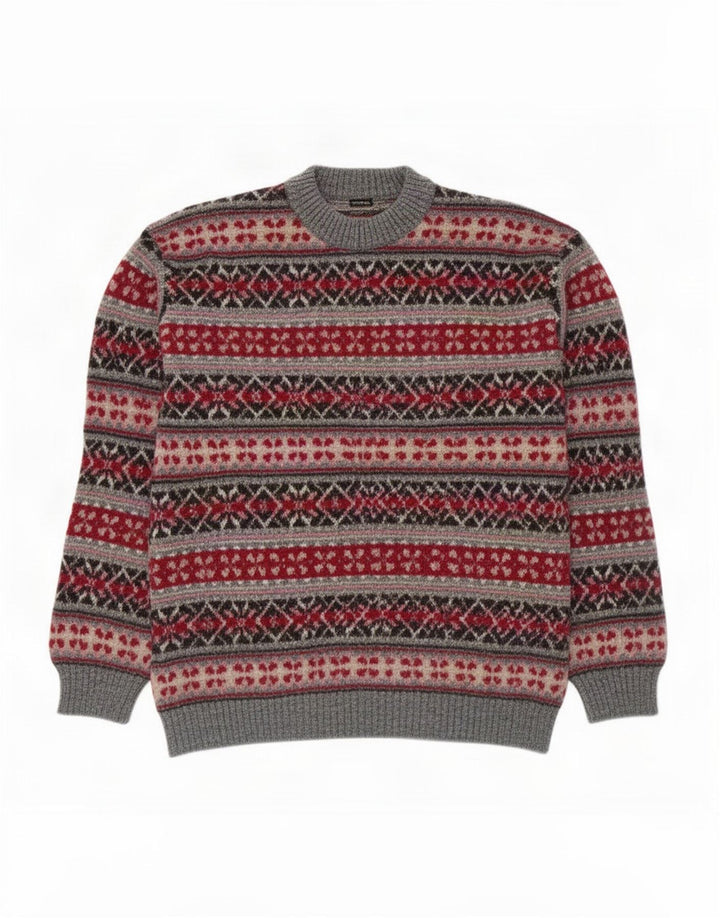 Vintage Herren Pullover mit Rundhalsausschnitt, groß, Grau, Fair Isle