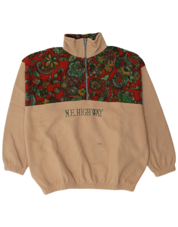 Vintage Herren-Fleecepullover mit grafischem Reißverschluss, XL, beige, florales Polyester