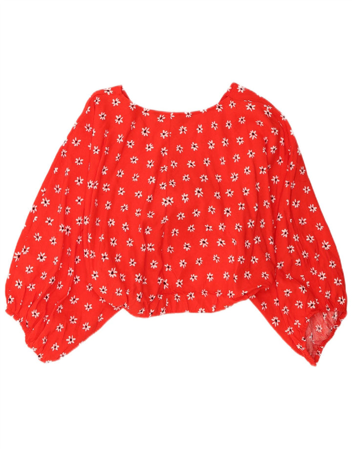 Zara Damen Langarm-Crop-Top mit Bindeband vorne, UK 12, mittelrot, geblümt