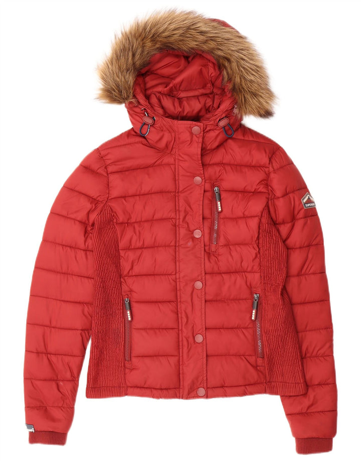 SUPERDRY Womens Hooded Padded Jacket UK 16 Large Red Nylon Winter