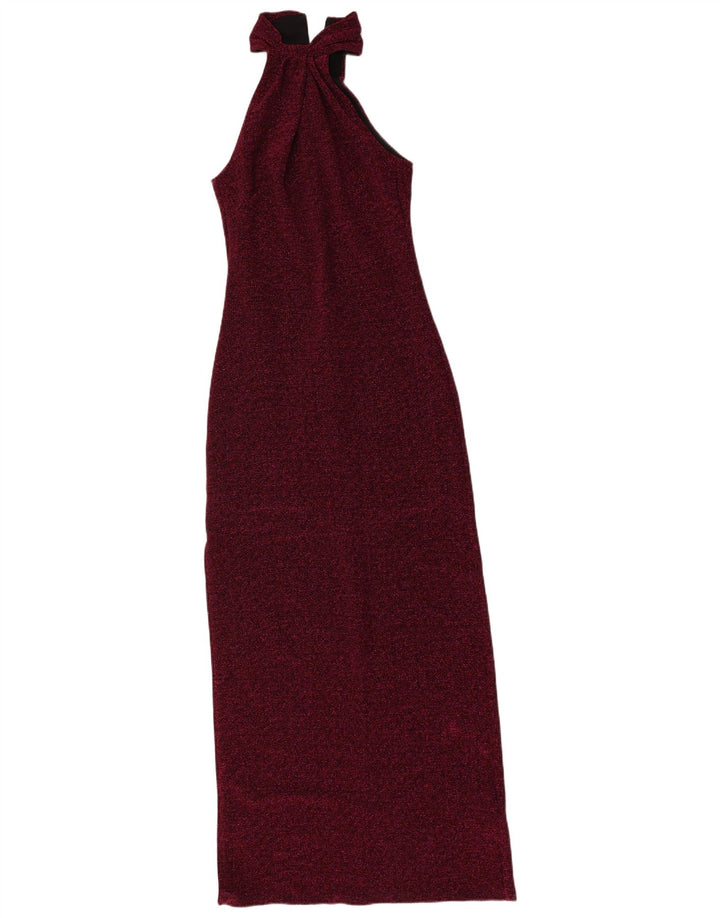Vintage Damen Maxi Neckholder Kleid UK 8 Kleines Kastanienbraun geflecktes Polyester