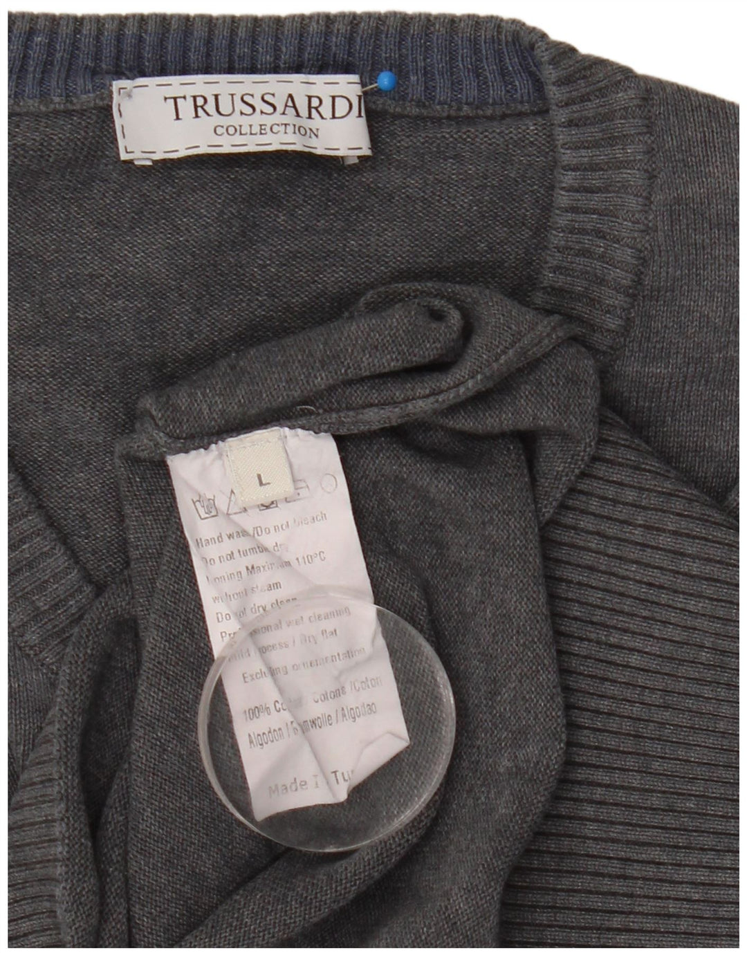 Trussardi Herren-Pullover mit V-Ausschnitt, groß, aus grauer Baumwolle
