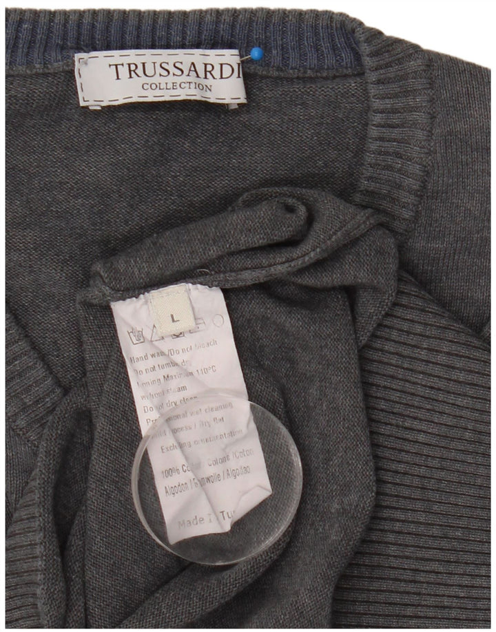 Trussardi Herren-Pullover mit V-Ausschnitt, groß, aus grauer Baumwolle