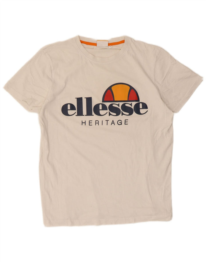 Ellesse Herren Heritage Graphic T-Shirt Top Small aus weißer Baumwolle
