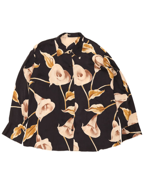 Vintage Damen Hemdbluse UK 42 2XL Schwarz geblümtes Polyester